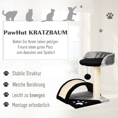 PawHut кігтеточка для котів, маленька, 46H см, з когтеточками та іграшками-м'ячиками, плюш чорного кольору, ідеально підходить для маленьких котів
