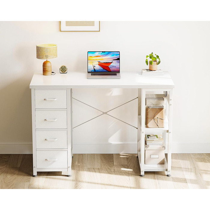 Компактний письмовий стіл Coleshome з 4 шухлядами, 100x40 см, з полицями, для офісу, робочого кабінету, спальні, білий