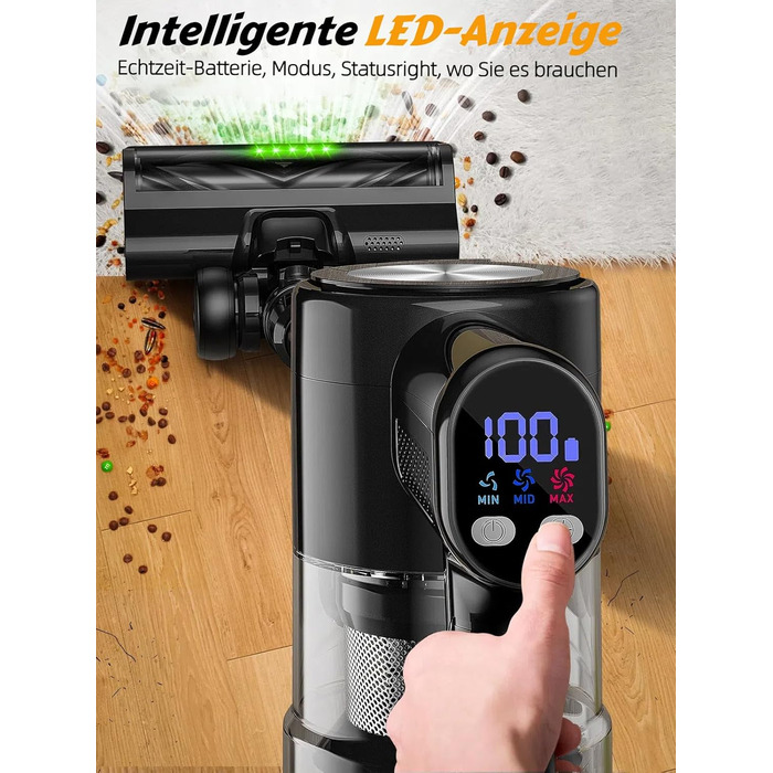 Бездротовий акумуляторний пилосос 48KPa/500W/55хв з LED-дисплеєм та станцією для зарядки, для прибирання шерсті тварин, килимів, твердих поверхонь та авто, чорний