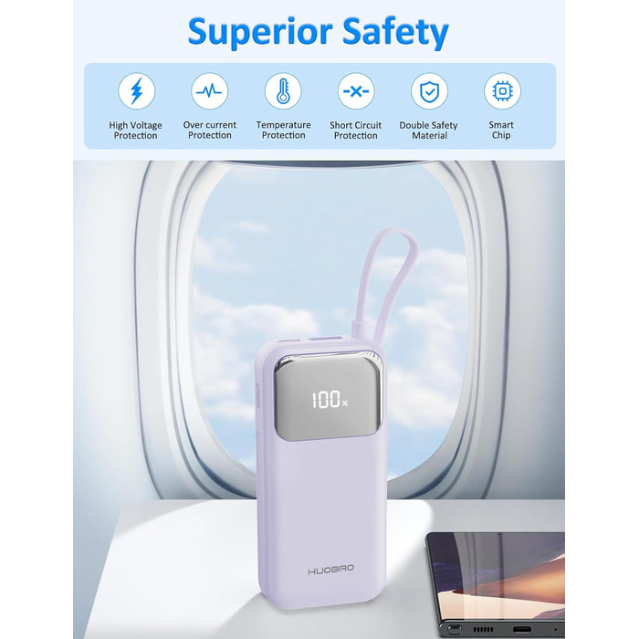 Power Bank 10000mAh з USB-C кабелем, PD 35W, LCD дисплей, для iPhone, Samsung, iPad та інших пристроїв (Блакитний)