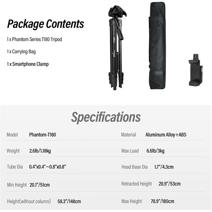 Штатив для камери SIRUI 180 см, алюмінієвий трипод з кріпленням для телефону, фото- та відеозйомки