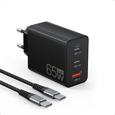 Зарядний пристрій USB C 65W 3-портовий, з кабелем 2м, для MacBook, iPhone, Switch, Galaxy, Tablet, Laptop, чорний