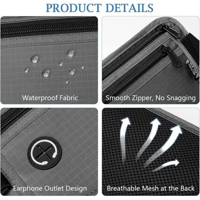 Чоловіча та жіноча поясна сумка Vinato з захистом від крадіжок та RFID, сіра. Ідеальна для подорожей, фестивалів, спорту та зберігання документів.