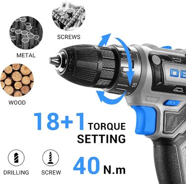 Акумуляторний шуруповерт-дрель DEKOPRO 20V 30-ти шт. комплект з аксесуарами, 18+1 рівень крутного моменту, 40Nm, з акумулятором та зарядним пристроєм (Блакитний)