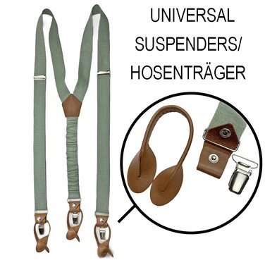 Набір чоловічих аксесуарів Leinen: краватка-метелик зі шкіри, підтяжки зі шкіри, нагрудна хустка, запонки - світло-зелений