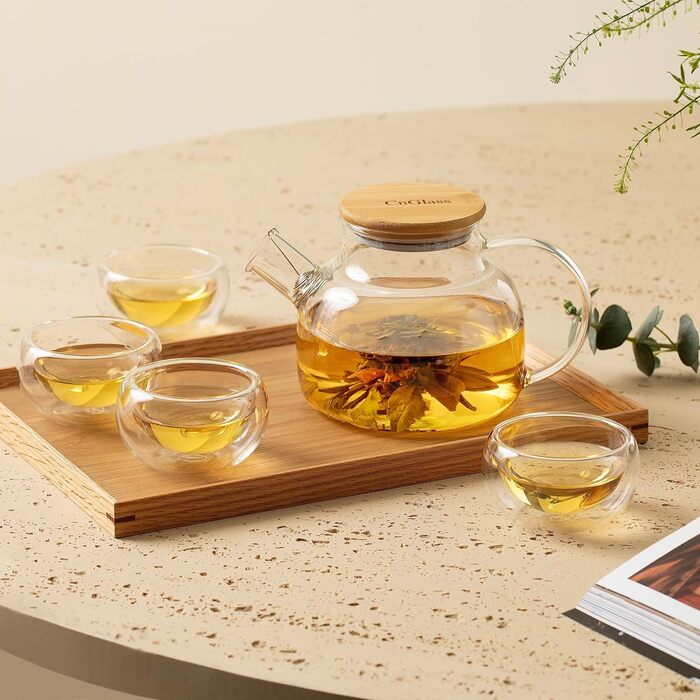 Скляна чайник CnGlass з ситечком 900мл, для листового чаю та квіткового заварювання, стійкий до плити