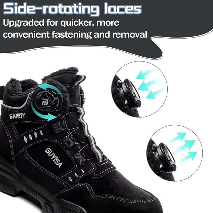 Черевики робочі зимові чоловічі/жіночі, зимові безпечні черевики з підкладкою, водонепроникні, черевики безпеки зі сталевим підноском, антиковзаючі, теплі, зі швидкою застібкою, самозатягуючі, 36-46 EU (Чорний, 46 EU)