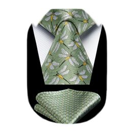 HISDERN Комплект краватки та нагрудного хустинки для чоловіків: зелено-жовтий принт, класичний стиль, для весілля та ділових зустрічей