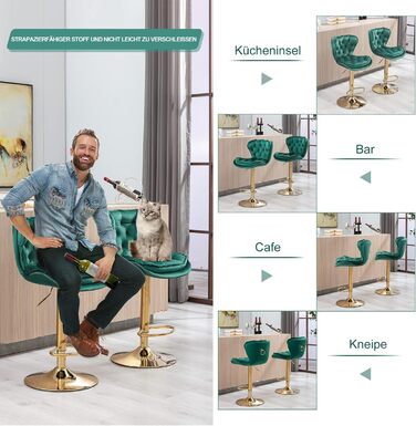 Emerald Velvet Bar Stools - Set of 2 | Adjustable Swivel Barstools for Kitchen & Home Bar