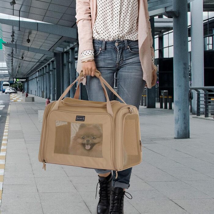 Транспортна переноска для котів та собак Petsfit, складана сумка-переноска, 50L x 33B x 33H см, з м'яким розкладним килимком та регульованим плечовим ременем, Khaki