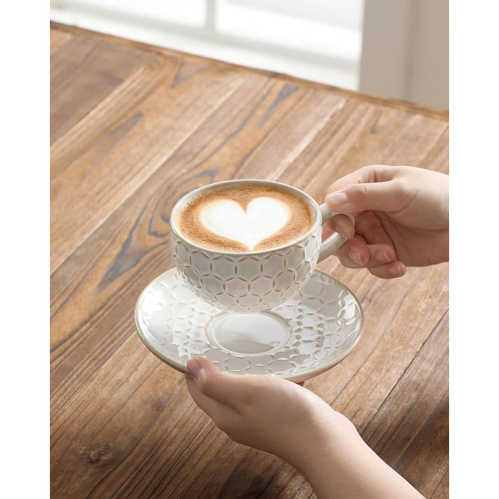 Набір кавових чашок MALACASA з блюдцем, 8 шт., для 4 особи, з рельєфом, 180 мл, кераміка, бежевий