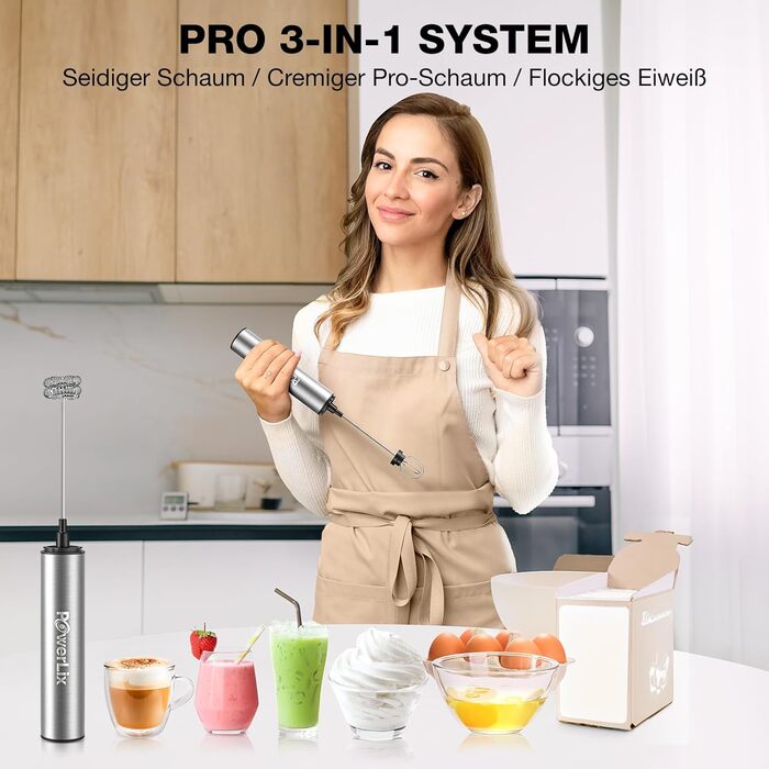 POWERLIX Pro 3-в-1 Електричний Молочний Піноутворювач Ручний - USB-C, Акумулятор, 10 000 об/хв, Змінні Насадки для Латте Макіато/Капучино/Збитий Крем, Портативний Барista