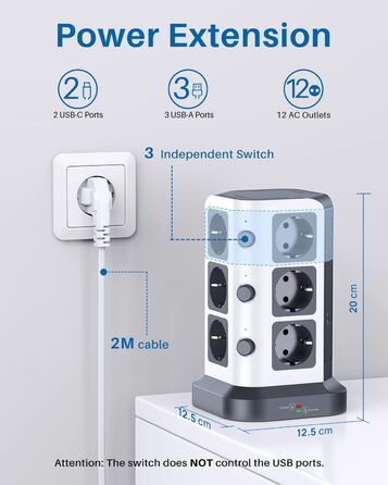 Багатофункціональна мережа живлення KOOSLA з USB-C, 12 розеток, захист від перенапруги (1500 Дж), індивідуальне вмикання, 5м кабель, сірий колір
