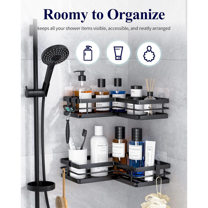 Поличка для душу Kitsure без свердління – 2 шт. Стабільне душове решітка без свердління з швидким стоком, нержавіючою статтю та міцним клейким кріпленням для ванної кімнати, 22,0 x 22,0 x 5,0 см, Чорний