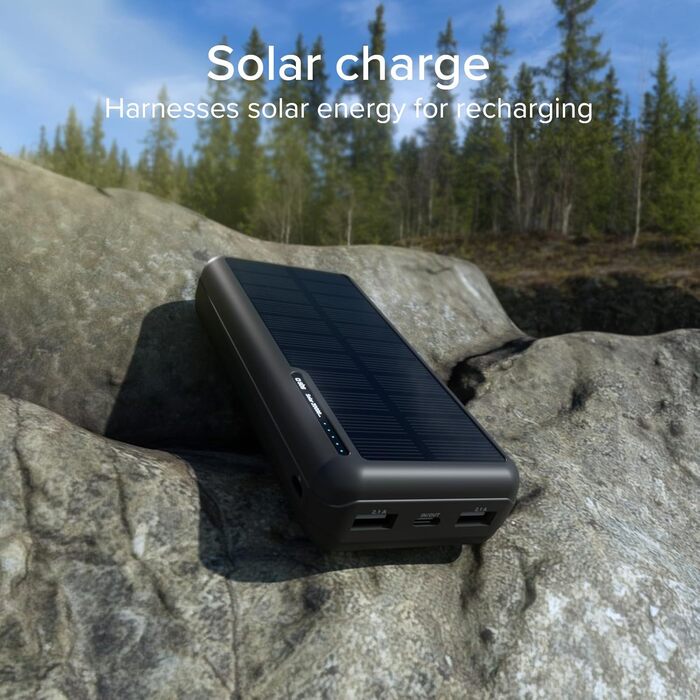 Powerbank SBS Solar 20000mAh з сонячною панеллю, швидкою зарядкою, LED-індикатором, USB-C, USB-A, чорний