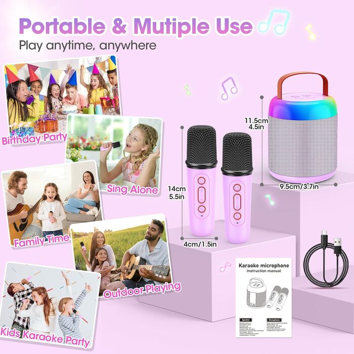 Караоке машина для дітей з 2 мікрофонами, фіолетова. Подарунок для дівчинки 3-12 років. Караоке мікрофон, іграшка для дітей