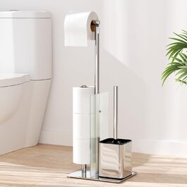 Stainless Steel Toilet Paper Holder Stand with WC Brush - Free Standing Toilet Brush and Toilet Paper Roll Holder with Glass Shelf (Silver)