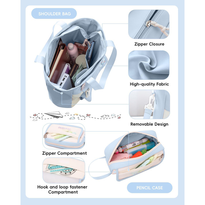 Рюкзак Tanou для дівчаток, шкільний набір: рюкзак, сумка через плече та пенал. Шкільний рюкзак для підлітків, casual, блакитний.