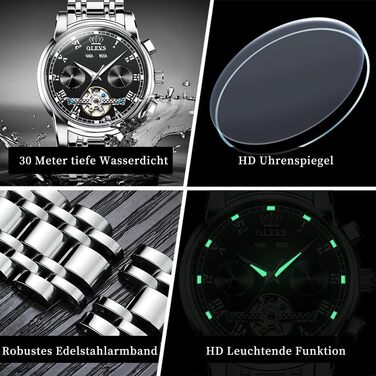 Годинник чоловічий OLEVS автоматичний золотий чорний механічний на зап'ястя з турбійоном, календарем, водонепроникний, світлодіодна, двоколірна модель для чоловіків (срібло/чорний)