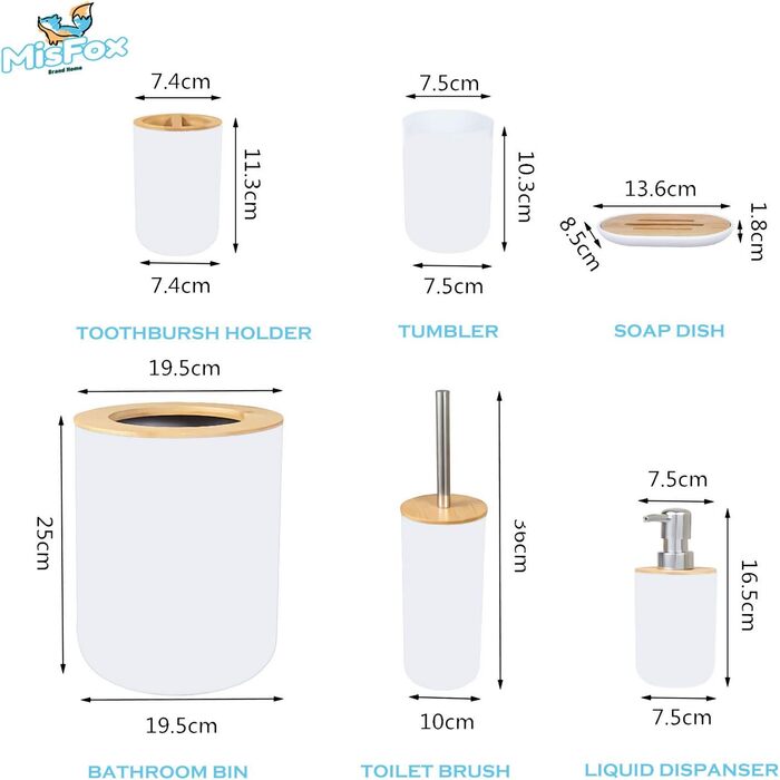 Набір для ванної кімнати MisFox з бамбука (6 предметів): дозатор для лосьйону, сміттєвий контейнер, тримач для зубних щіток, стаканчик для зубної пасти, щітка для туалету, мильниця (білий)