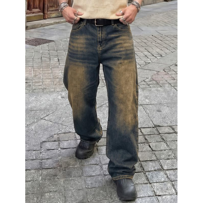 Чоловічі джинси Baggy JMIERR Y2K Wide Leg Denim Streetwear Raw Loose Fit Hip Hop XL (Брудний синій)