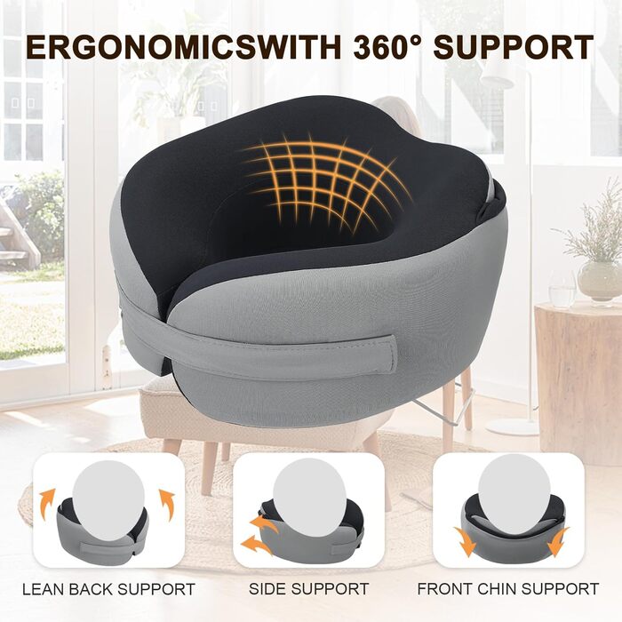 Подушка для шиї у літак з капюшоном, Memory Foam, сіра. Подушка для подорожей, авто, дорослих. З навушниками.