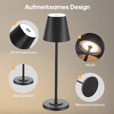 Світлодіодна настільна лампа 3-в-1 бездротова з акумулятором 5500mAh, регульована висота, димування, 3 кольори світла - USB акумуляторна настільна лампа металева водонепроникна сенсорна для дому та вулиці, чорна (набір 2 шт.)