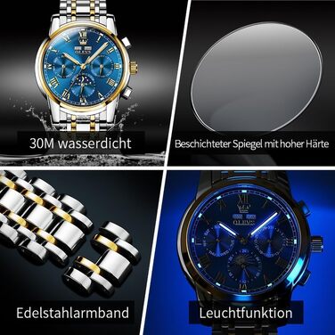 Чоловічий механічний годинник OLEVS з автопідзаводом, золотисто-сріблястий сталевий браслет, синій циферблат, фаза місяця, водонепроникний, люкс бізнес-стиль (6692)