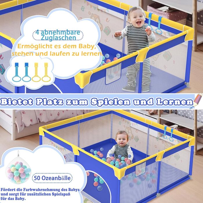 Дитячий манеж UISEBRT 150x180 см з 50 кульками, 4 кільцями, сумкою для перенесення, складаний, з дихаючою сіткою, синій з тваринами