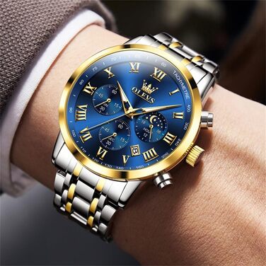 Чоловічий годинник з нержавіючої сталі, хронограф, фаза місяця, водонепроникний, кварц, аналоговий, стильний, класичний, для чоловіків. Сріблястий, чорний, золотий, блакитний колір.
