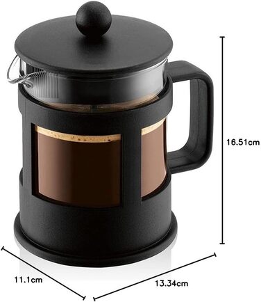 Bodum Kenya Френч-прес для кави 1л / 8 чашок - ручний з боросилікатного скла та нержавіючої сталі, миється в посудомийній машині, Made in Portugal (Чорний, 4 чашки)