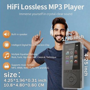 MP3 плеєр 64GB Bluetooth 5.3 з динаміком, HiFi звук, диктофон, E-book, чорний