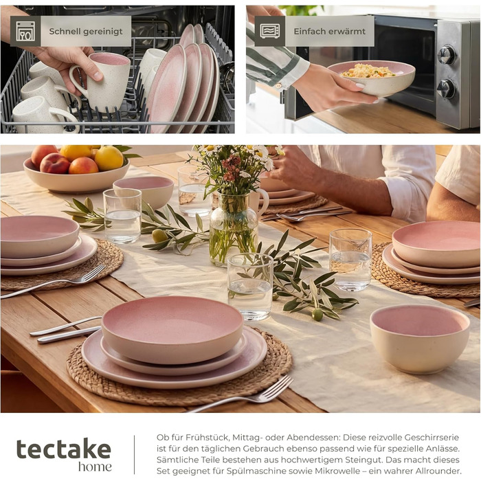 Посуд TekTake 24 предмети на 6 осіб, керамічний набір, колір Coral Blush - тарілки, миски, для мікрохвильовки та посудомийної машини