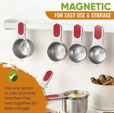 Spring Chef Magnetic Measuring Cup and Spoon Set (Patent Pending), strong N45 magnets, durable stainless steel, fits spice jars for baking & cooking, BPA-free, round, 15-piece set with