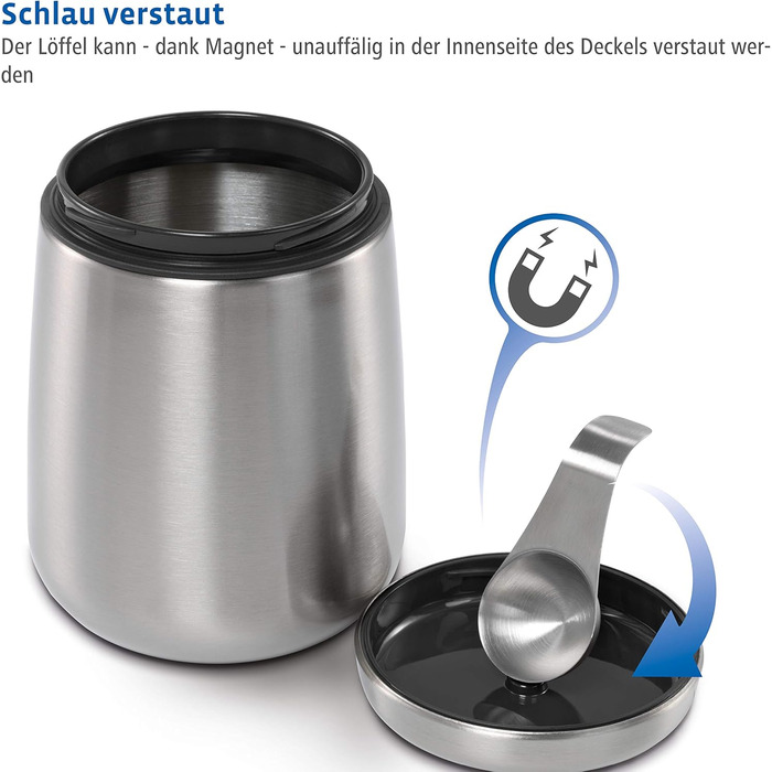 Stainless Steel Coffee Canister 500g (airtight stainless steel canister including magnetic measuring spoon in the lid, anti-fingerprint coffee container, coffee box for storing 500g of ground coffee/beans) silver