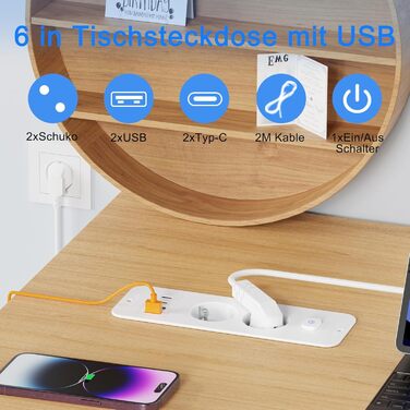 Мережевий фільтр 5-портовий з індивідуальним вимикачем, розгалужувач з 2 USB-A та 2 USB-C, мережева розподільча коробка з вимикачем, мережевий фільтр настінний з 2м кабелем, PD 20W - (2 розетки, 4 USB, білий)