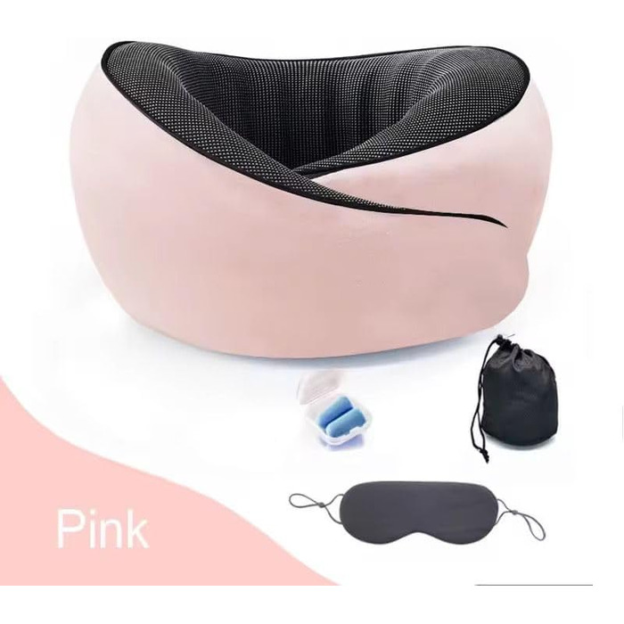 Подушка для шиї Rose - ергономічна, з піною з пам'яті, для подорожей, з маскою для очей та навушниками, рожева