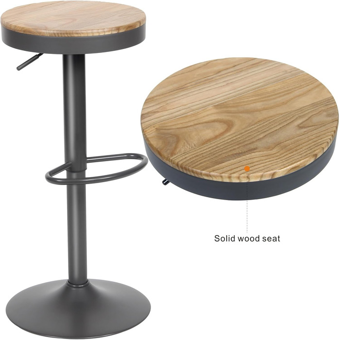 Kidol Adjustable Height Wooden Bar Stool with 360° Swivel - Industrial Modern Design for Kitchen Counter (Grey Wood)