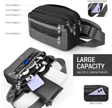 Чоловіча/Жіноча Поясна Сумка-Шейкер з 7 Кишенями для Спорту, Фітнесу, Бігу, Велосипеда, Подорожей, Чорна