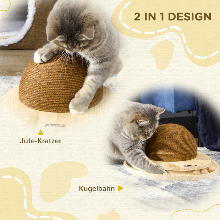PawHut Interactive Cat Toy 2-in-1 Scratching Post with Scratching Board and Ball Track made of Jute and Pine Wood in Natural and Coffee 39.5x32.5x14.5 cm