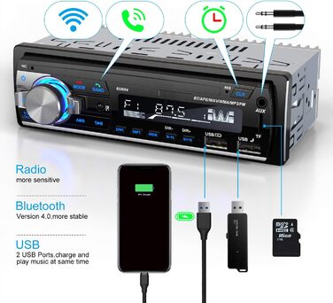 Автомобільна магнітола Lifelf 1 DIN RDS Bluetooth, 4x65Вт, MP3/USB/FM, підтримка iOS/Android, без CD, чорна/срібляста