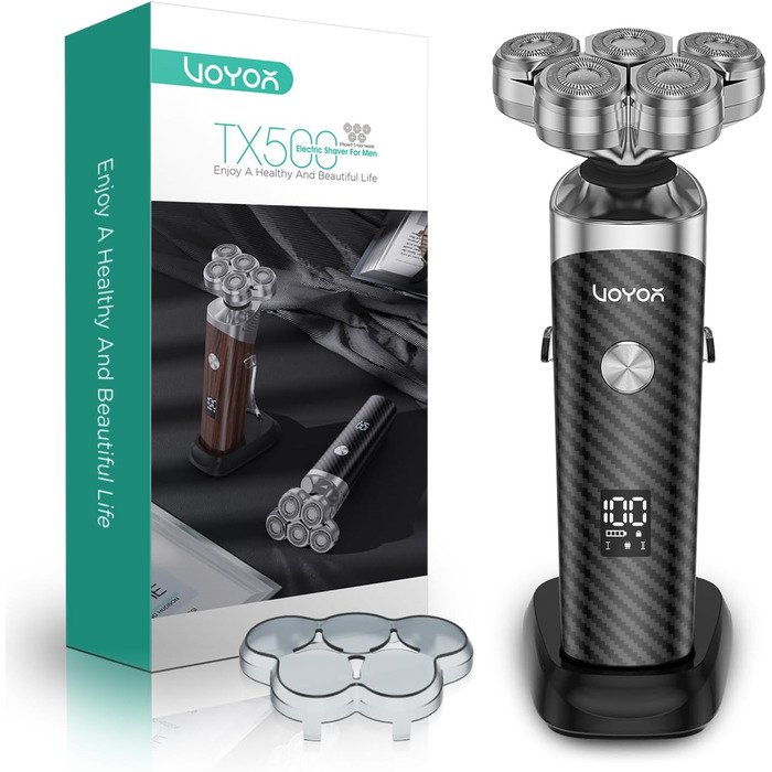 Електричний гоління для чоловіків VOYOR TX500: 5D, мокрий/сухий, бездротовий, LED дисплей, 150 хв роботи (чорний)