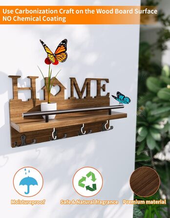 Дерев'яна полиця для ключів SWTYMIKI з 7 гачками - органайзер настінний, ключниця з полицею, браун