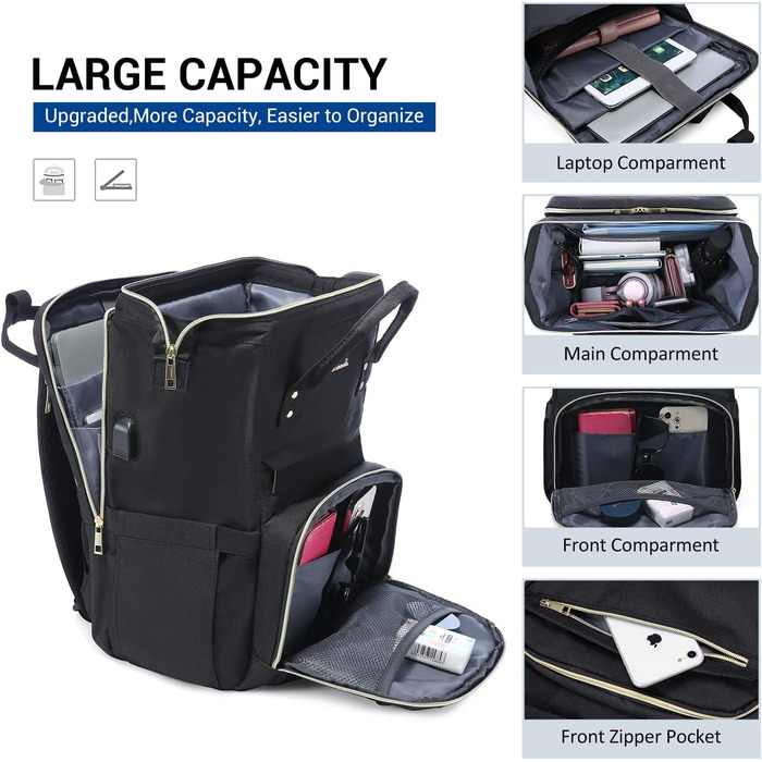 LOVEVOOK Рюкзак для жінок, шкільний рюкзак, рюкзак для ноутбука, водонепроникний, з USB-портом, для університету, школи, роботи, подорожей, темно-сірий, чорний, 17'