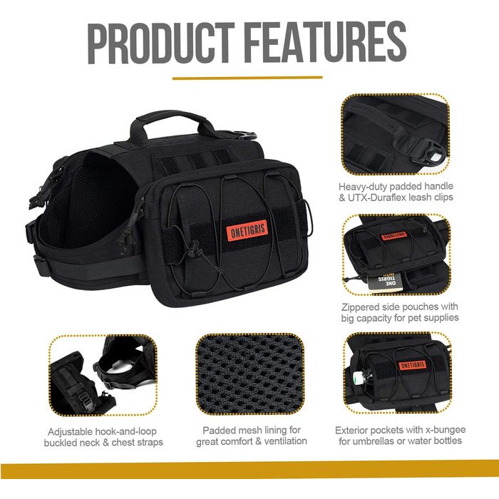 OneTigris Mammoth Hunderucksack 2.0: Рюкзак для собак середніх та великих порід (L, Чорний) 53 x 5 x 17 см