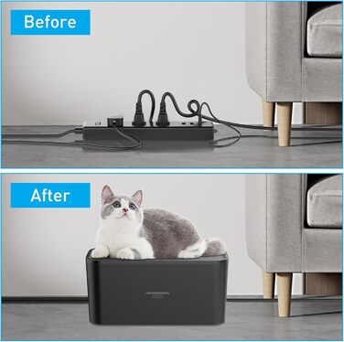 Многорозеткова смуга з кабельною коробкою, захист від перенапруги, 5 розеток, 3 USB, органайзер для столу, 29.5 x 14 x 14 см, кабель 2 м (5 м, чорний)