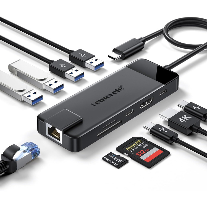 Lemorele USB-C Док-станція 10-в-1: Gigabit Ethernet, 4K HDMI, 4x USB 3.0/2.0, 100W PD, SD/TF, для MacBook/Dell/HP/Lenovo/Asus