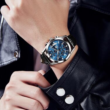 Годинник чоловічий OLEVS Vintage з шкіряним ремінцем, велике циферблат, водостійкий, з датою (2878, блакитний циферблат/чорний ремінець)