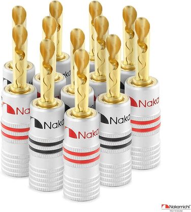 Позолочені бананові роз'єми Nakamichi 24K для акустичних кабелів 12-18 AWG, 4 мм, для підсилювачів, Hi-Fi ресиверів та домашніх кінотеатрів, 4 шт (2 пари)