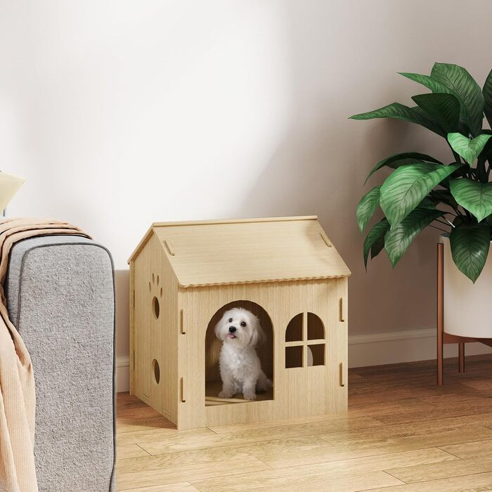 PawHut Indoor Pet House with Window - Wooden Dog & Cat Bed, No-Screw Assembly, Small Pets Up to 4kg, Oak Finish